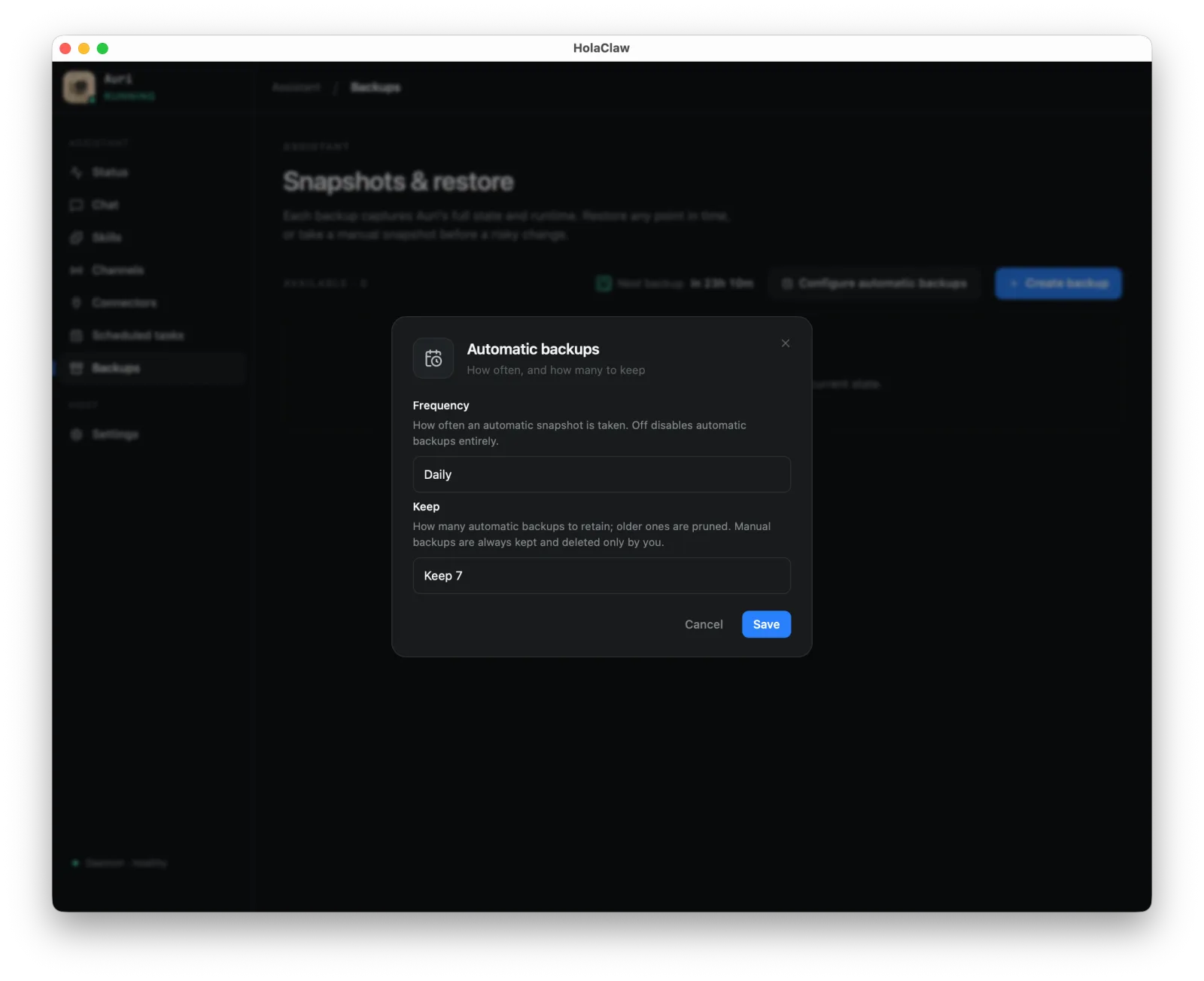 The Automatic backups dialog, with a Frequency selector set to Daily and a Keep selector set to Keep 7