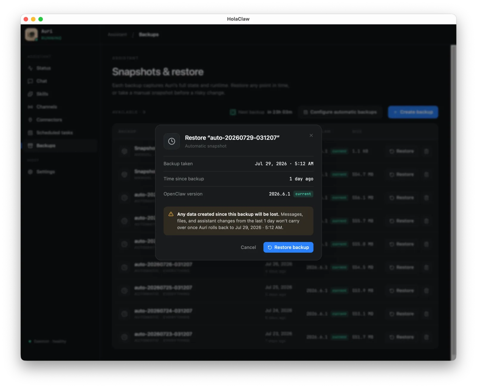 The restore confirmation dialog for an automatic snapshot, showing when the backup was taken, how long ago, the OpenClaw version, and a warning that data created since the backup will be lost