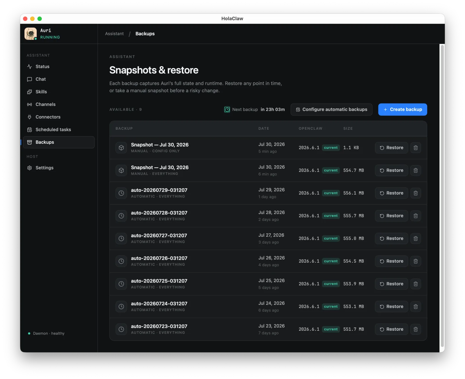 The Snapshots & restore view in HolaClaw, listing manual and automatic backups with their date, OpenClaw version, and size, each with a Restore button