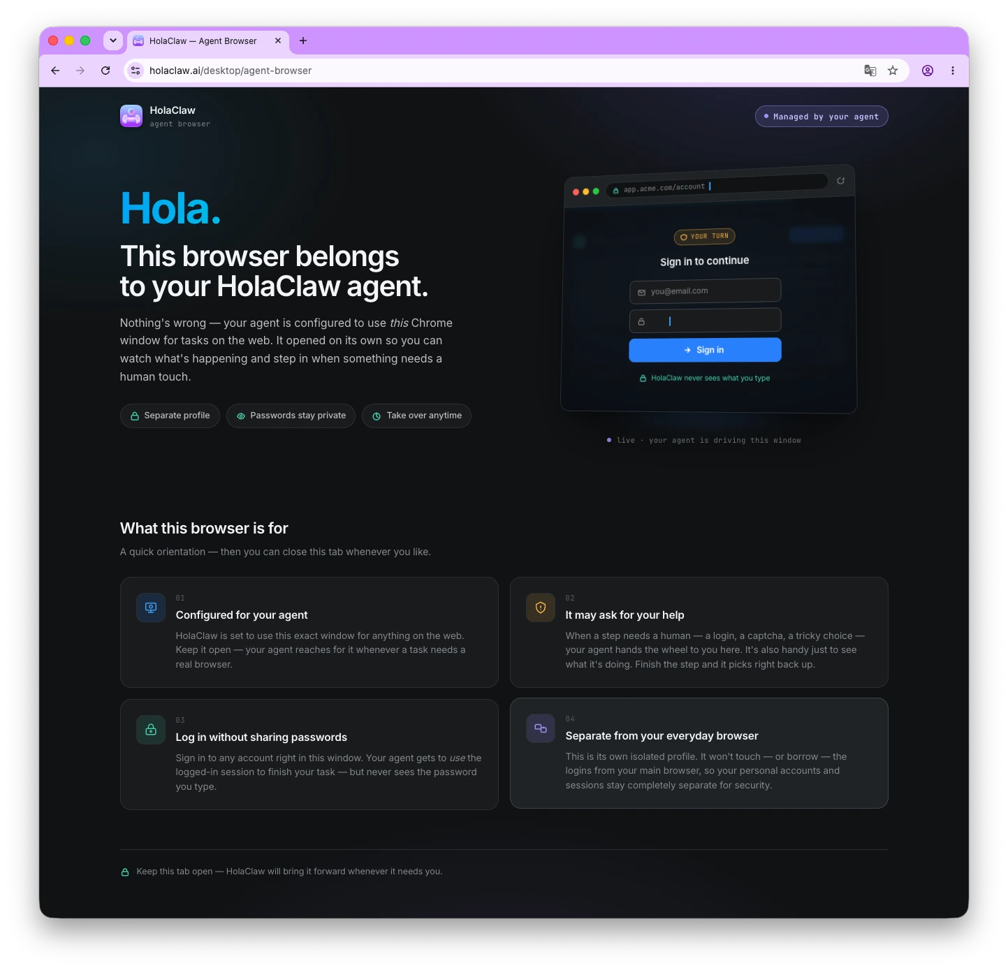 The agent browser window, tinted purple, showing the HolaClaw agent browser landing page