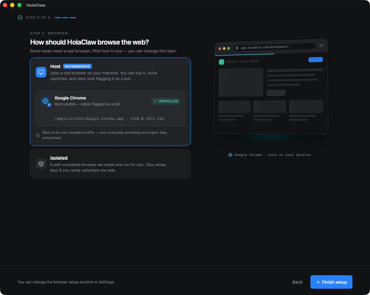 Step 3 of the Create Assistant wizard, showing the Host option selected with Google Chrome detected, and the Isolated option below it