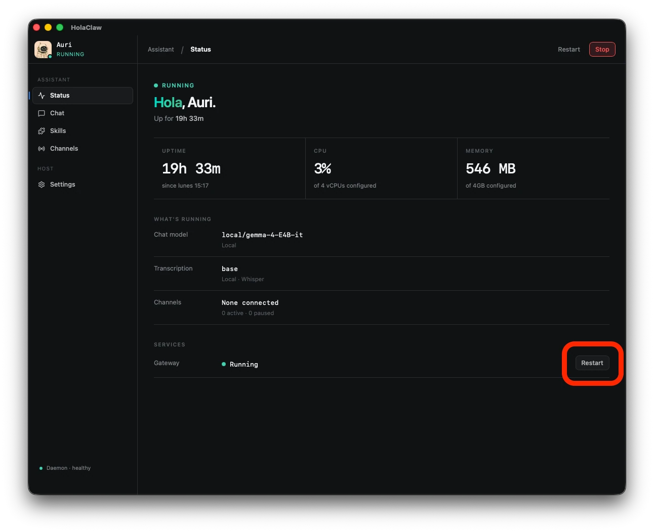HolaClaw assistant status page with the Restart button
