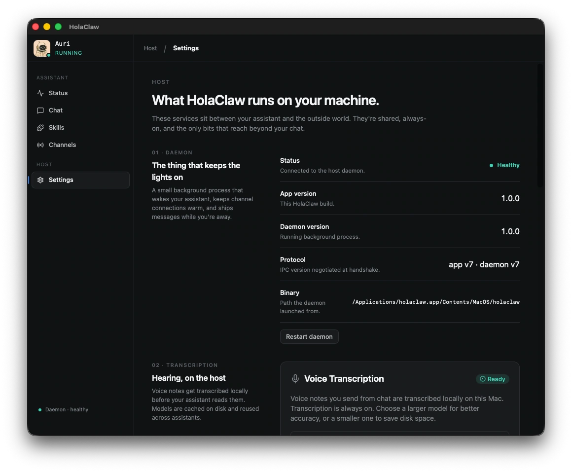 HolaClaw Settings screen