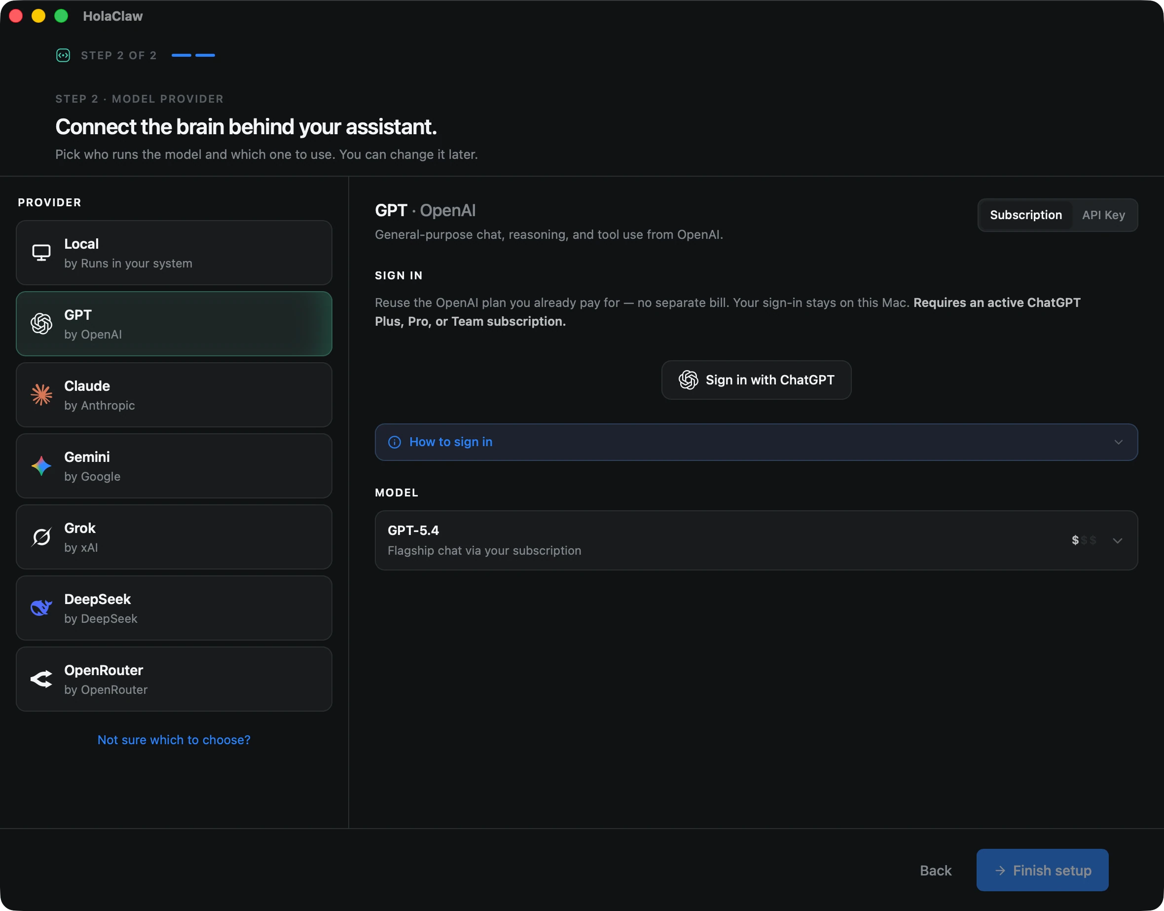 The "Connect the brain behind your assistant" step of the Create Assistant flow, showing the provider list — Local, GPT, Claude, Gemini, Grok, DeepSeek, OpenRouter — in the left sidebar.