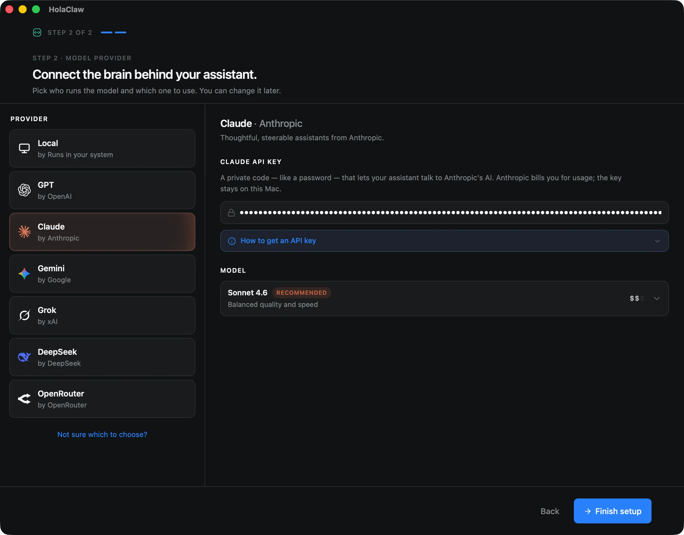 HolaClaw Create Assistant Step 2 with Claude selected, showing the API key field and model list