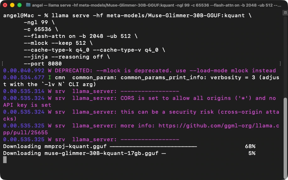 Terminal running llama serve and downloading the Muse Glimmer weights
