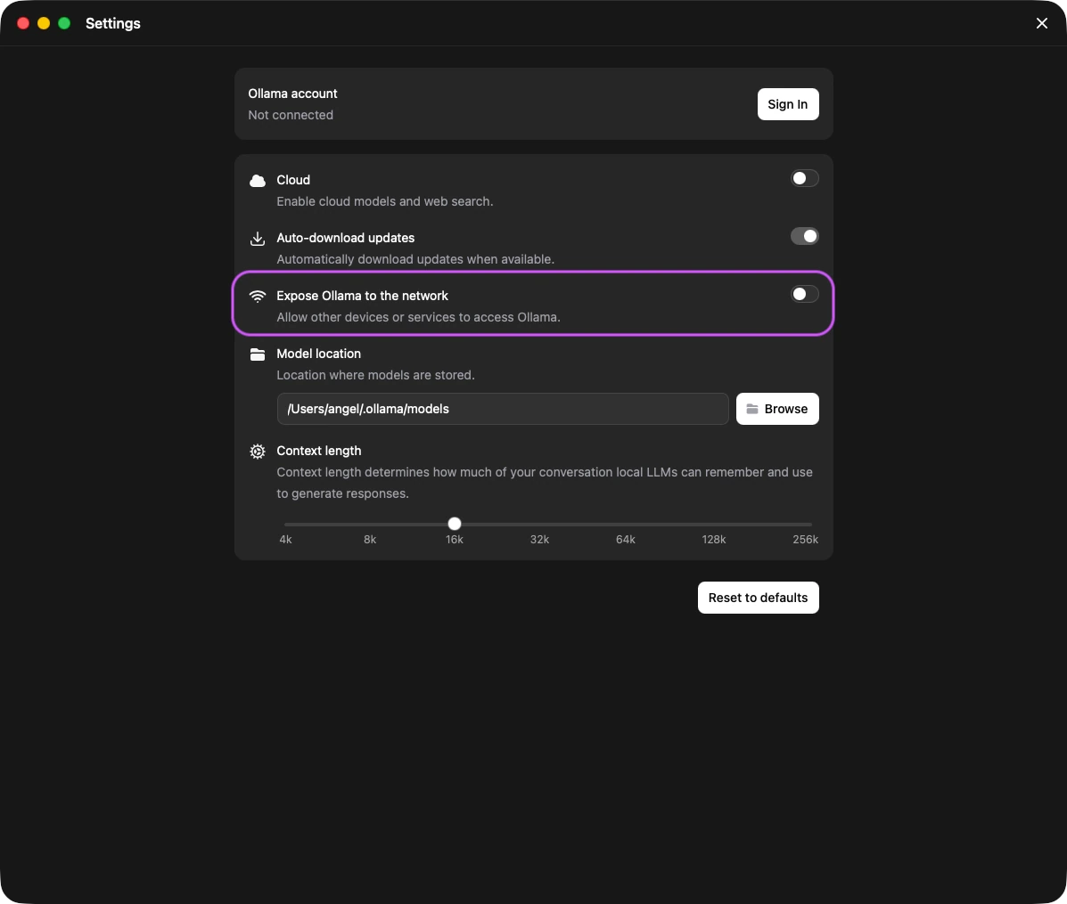 Ollama Settings with the "Expose Ollama to the network" option