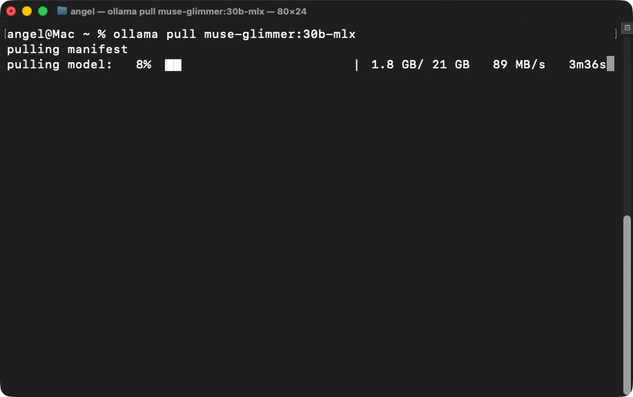 Terminal downloading Muse Glimmer with ollama pull